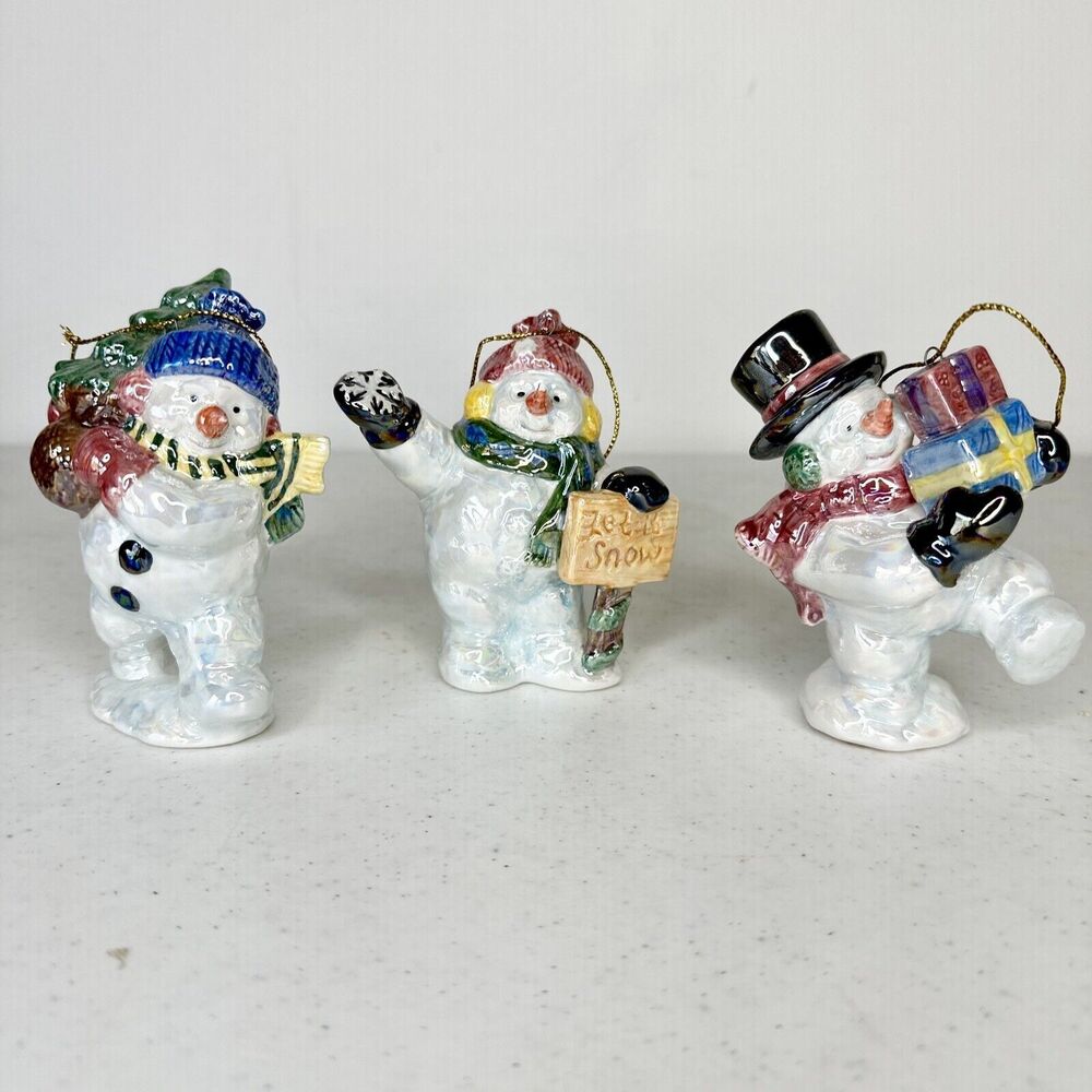 Vtg Home Interiors Lot Of 3 Snowman Iridescent Christmas Ornaments 1980's